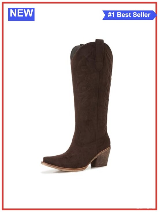 Shoes - Knee High Faux Suede Cowboy Boots Pointed Toe Block Heel Western